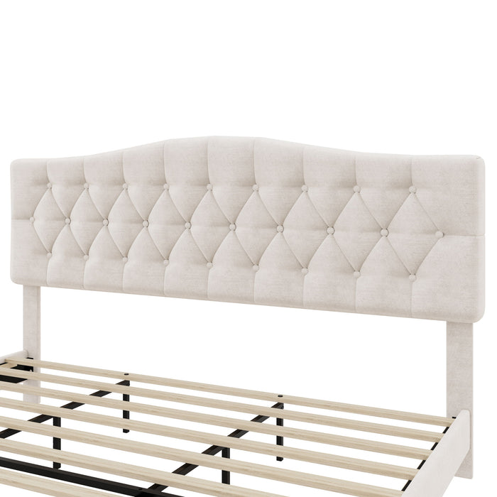 King Upholstered Platform Bed With Curved Adjustable Headboard And Diamond Tufted Details, No Box Spring Needed - Beige