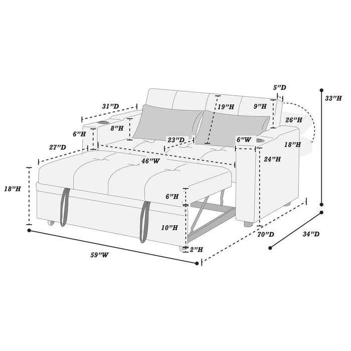 Modern Style Convertible Sofa With Pull-Out Bed, USB Ports & Cup Holders