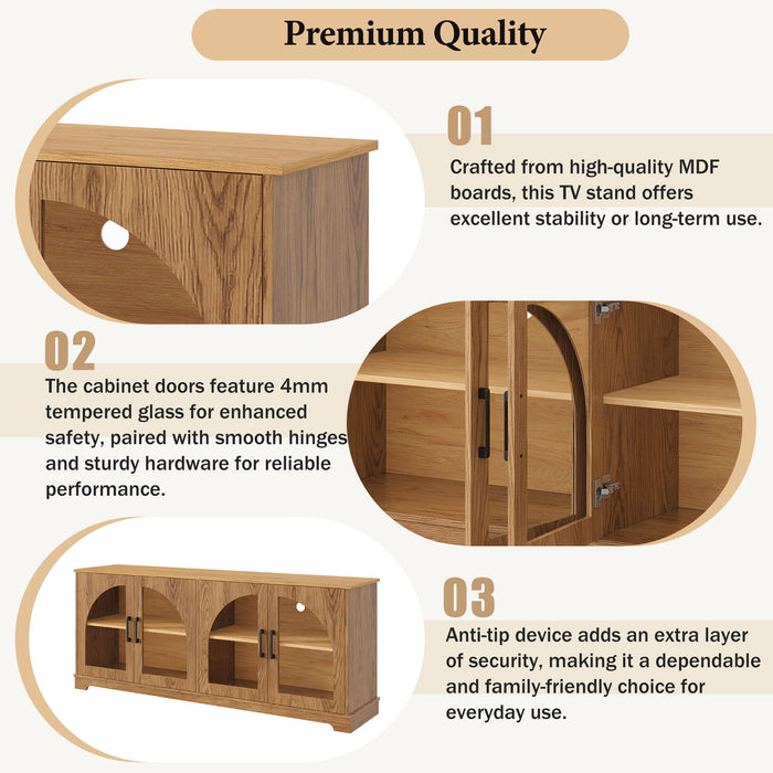 TV Stand With Semi Arched Glass Doors, Media Console With Adjustable Shelves For Living Room - Brown