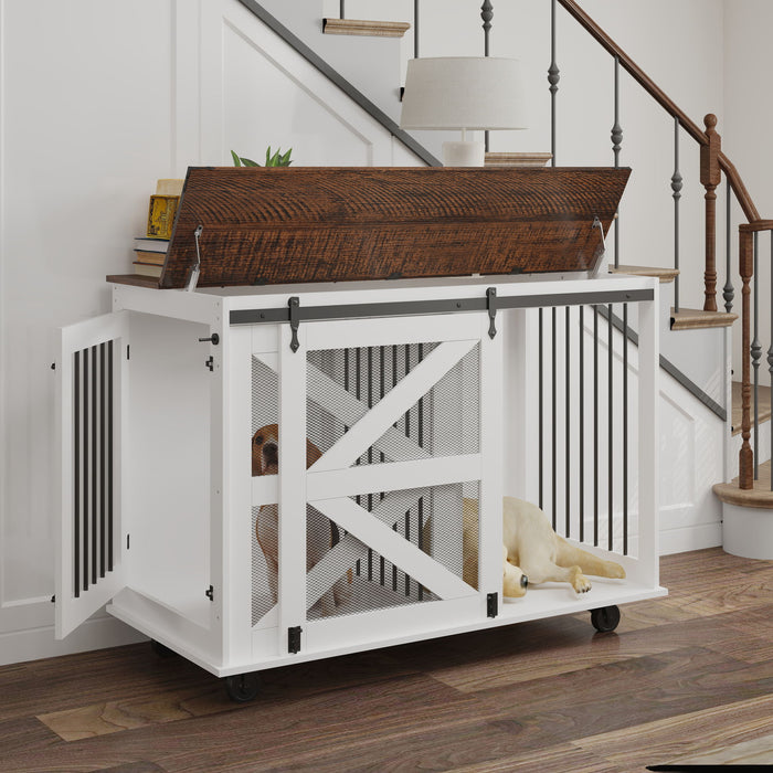 Mobile Dog Crate With Flip Top Feeding Door, Dual Access & 5 Caster System (2 Locking) - Brown White