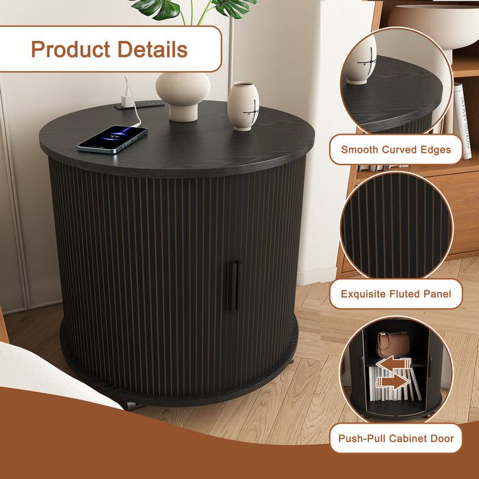 Cylinder Nightstand With Charging Station & Sliding Door