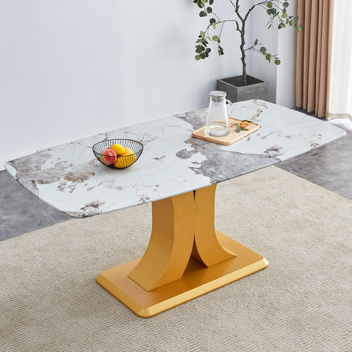 Modern Minimalist Dining Table With Imitation Marbled Glass Top And Legs For Kitchen And Living Room - Gold
