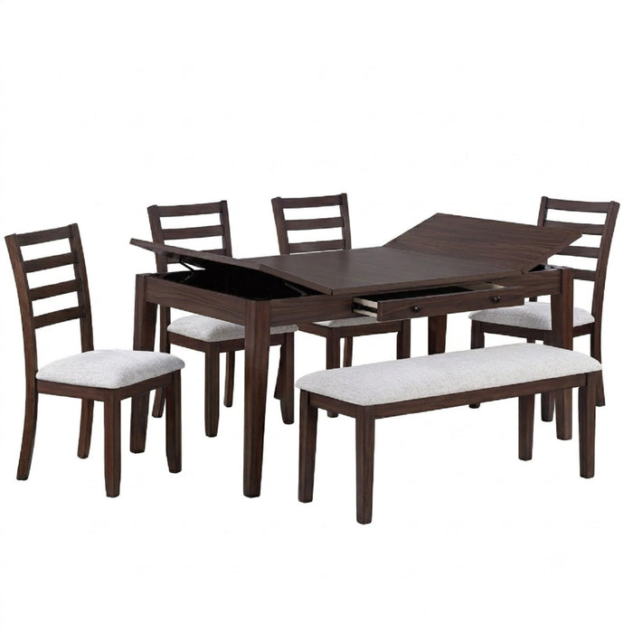 6 Piece Dining Set Table With Storage Ladder Back Chairs And Bench - Walnut
