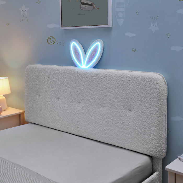 Upholstered Bed With Oversized Rabbit Ear Headboard, LED Lights & 4 Storage Drawers