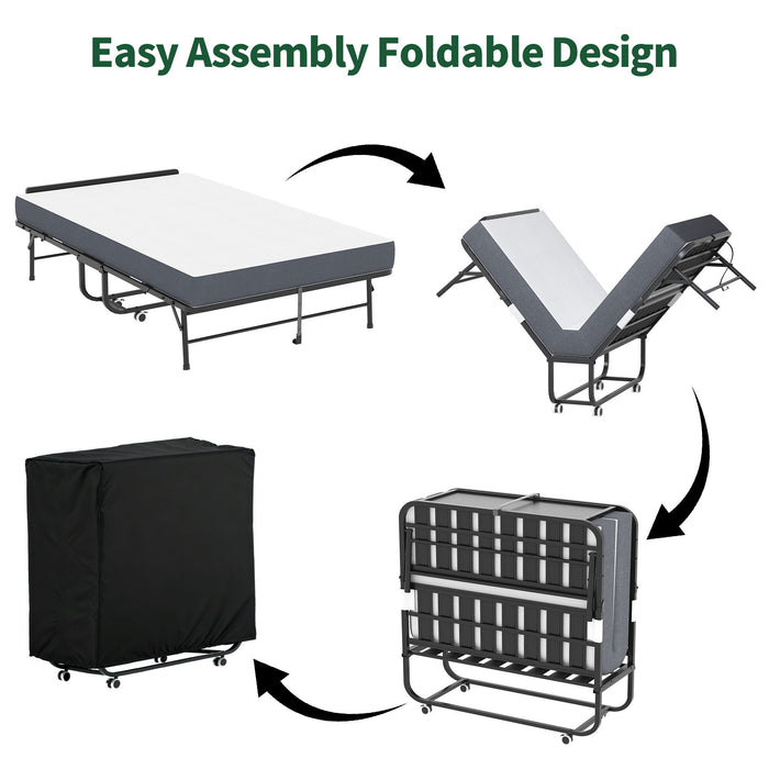 Twin Wide Folding Bed With Adjustable Headboard, Extra Long Rollaway For Tall People, Memory Foam Mattress - Black