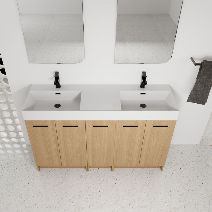 Double Sink Bathroom Vanity With Extra Large Storage, Integrated Sink, Freestanding Cabinet, Soft Close Doors - Glossy White / Light Oak