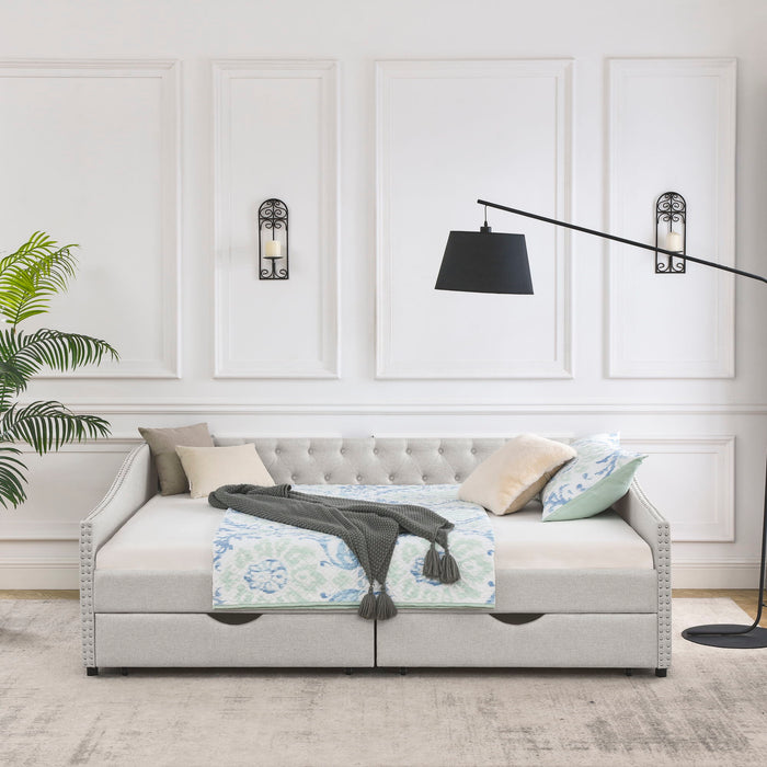 Upholstered Tufted Daybed With Drawers, Waved Arms