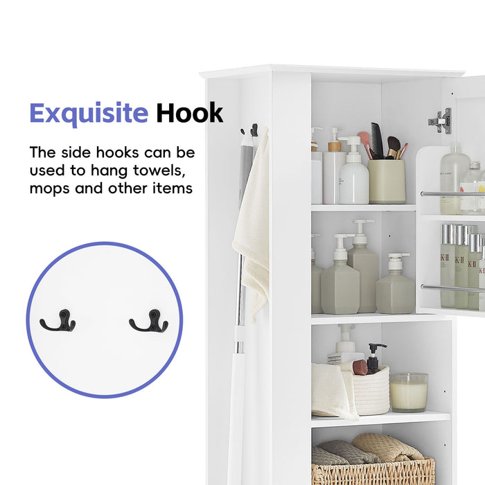 Freestanding Bathroom Storage Cabinet With Adjustable Shelves And Side Hooks Board, Rectangle Design