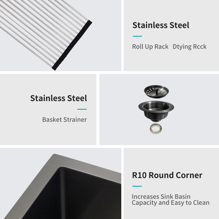 Workstation Kitchen Sink 30" X 18" X 10" Single Bowl Undermount 16 Gauge - Gunmetal Black