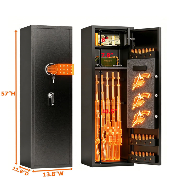 High Large Capacity Mechanical Gun Safe For Rifles & Handguns, Digital Password Lock, Built In Independent Lock Box, Adjustable Shelves - Black