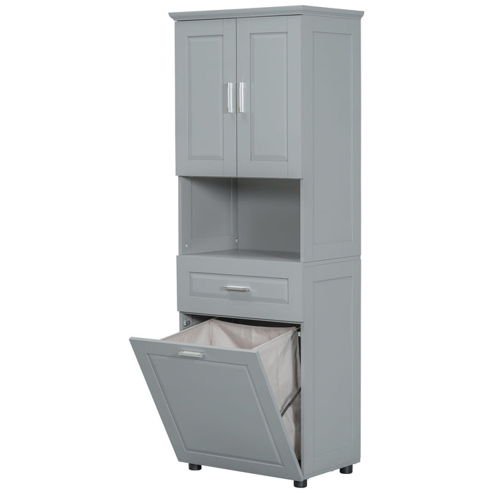 Tall Bathroom Cabinet With Tilt-Out Laundry Basket And Upper Storage
