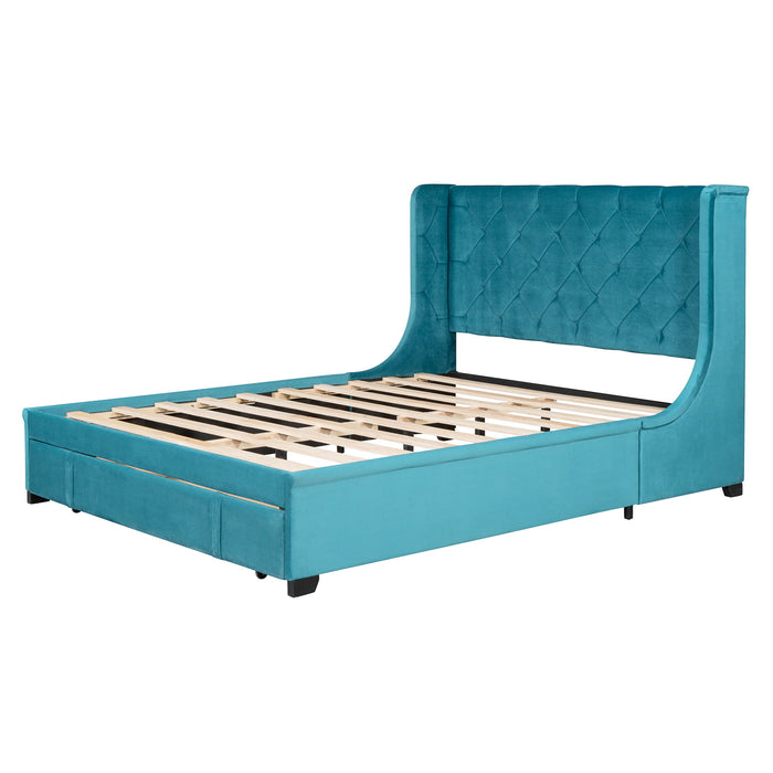 Storage Bed Velvet Upholstered Platform Bed With Wingback Headboard And A Big Drawer