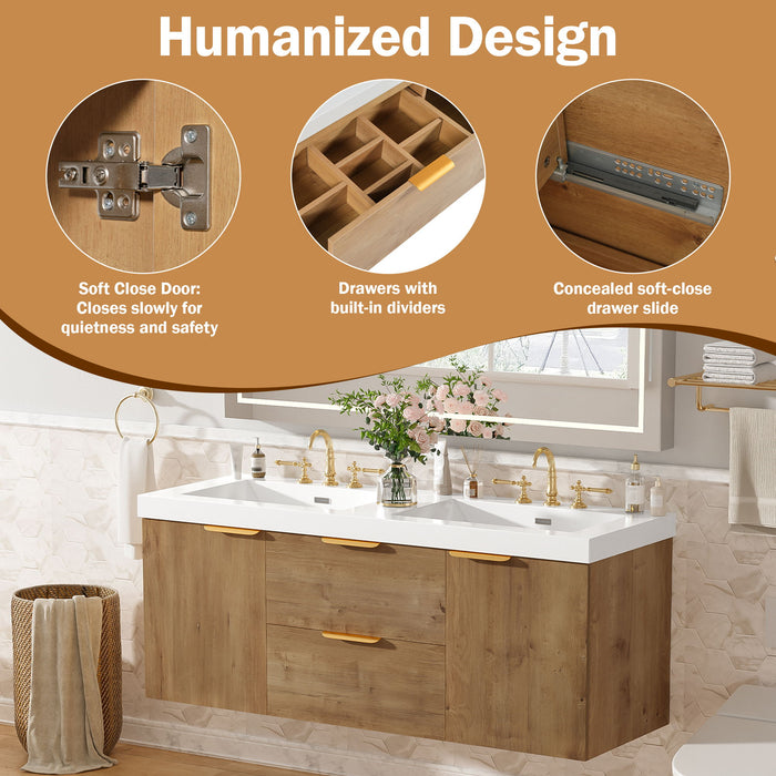 Double Sink Bathroom Vanity Soft Close Doors, Divided Drawers, Wall Mounted - Wood