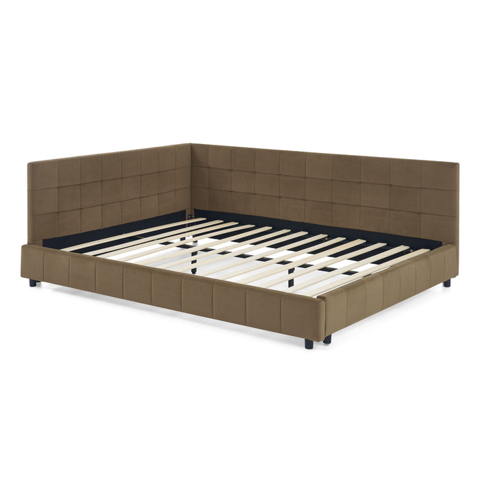 Mid-Century Storage Upholstered Tufted Bed Frame With Backrest And Armrests