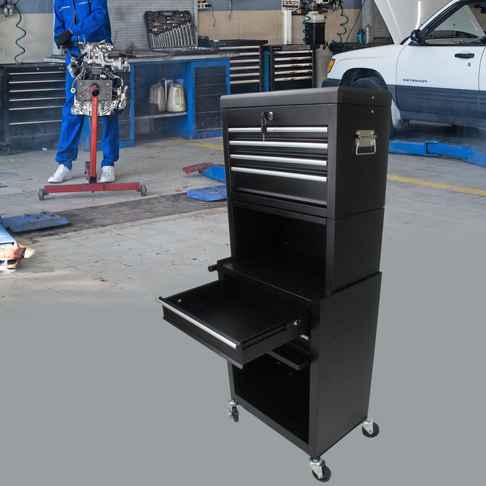 6 Drawer Lockable Tool Cabinet On Wheels, Steel Rolling Tool Chest With Detachable Toolbox