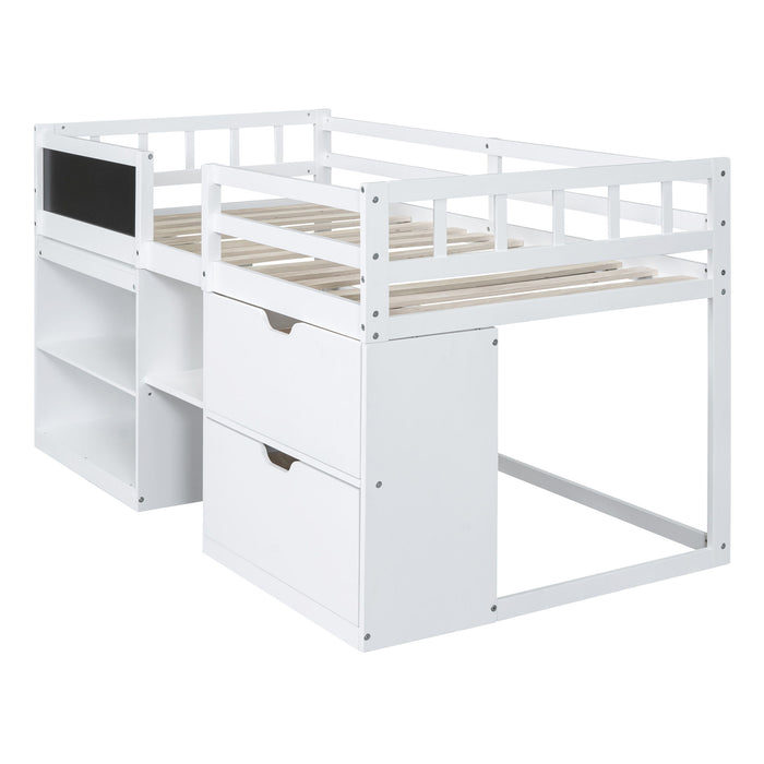 Low Loft Bed With Rolling Desk, Shelf And Drawers