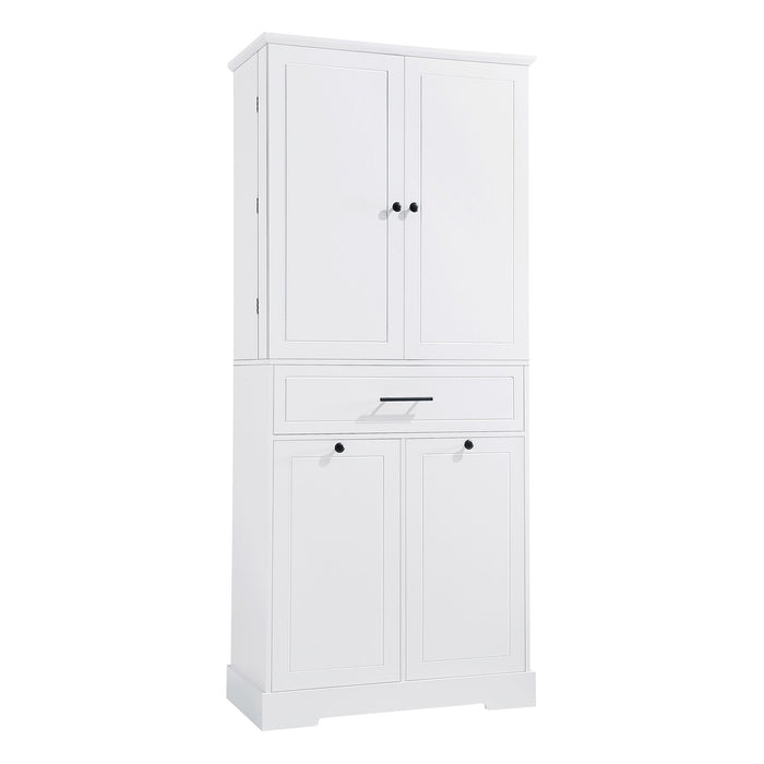 Freestanding Bathroom Storage Cabinet With Doors, Drawers, And Tilt Out Laundry Hamper - White