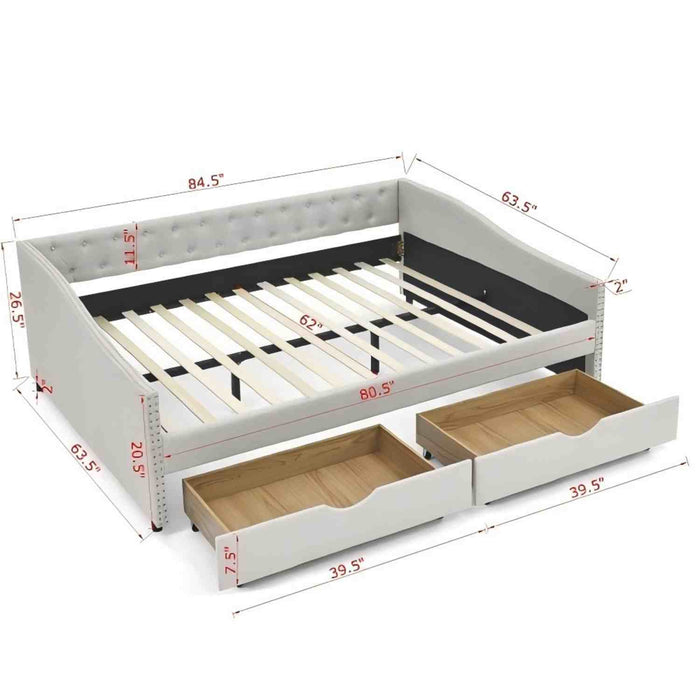 Upholstered Tufted Daybed With 2 Drawers, Waved Arms