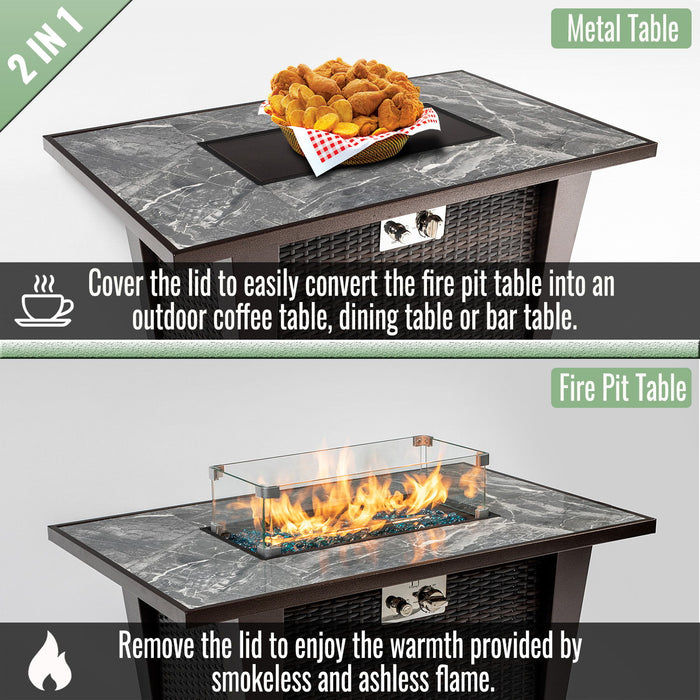 Fire Pit Table, Glass Wind Guard And Rain Cover, Lid - Brown