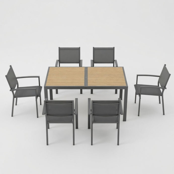 7 Piece Gray Patio Dining Set With Hdps Table And Textilene Chairs For Outdoor Use, Metal Furniture