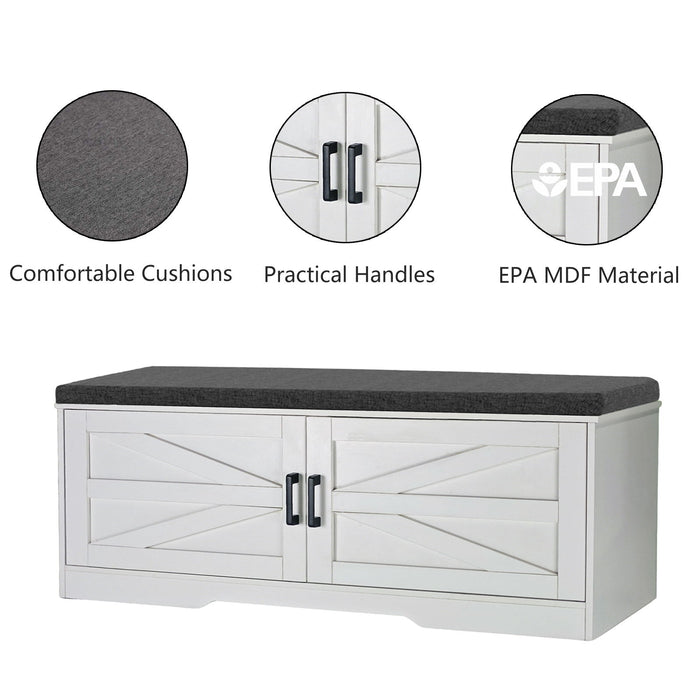 2 Tier Shoe Bench With Padded Seat, 2 Barn Doors And Adjustable Shelves, For Entryway And Living Room - White