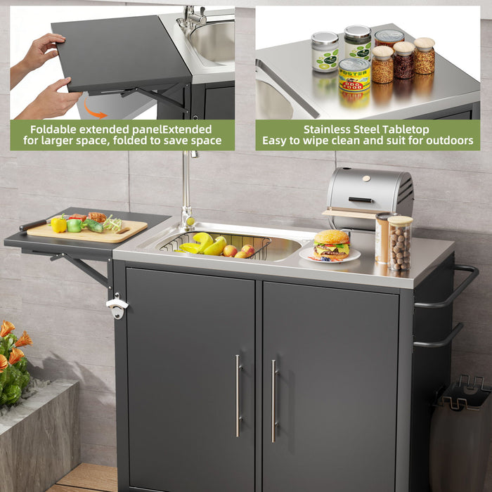 Outdoor Grill Table With Sink, Worktable Kitchen Cabinet Island With Wheels & Foldable Top - Black