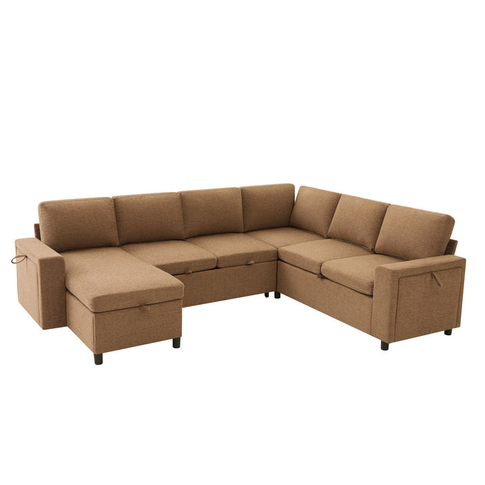 U - Shaped Convertible Sectional Sofa Bed With Storage, USB Charger & Cup Holders