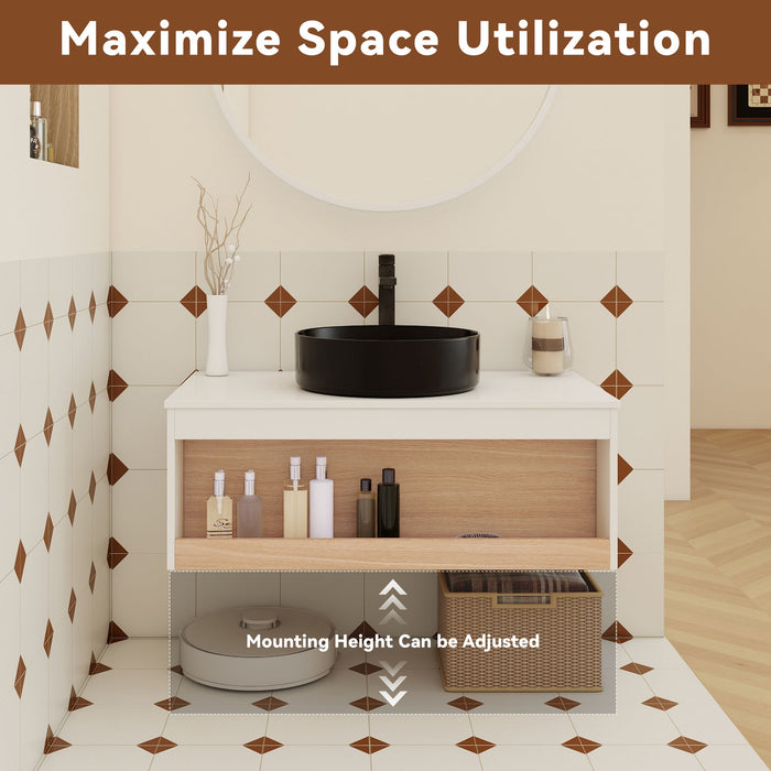 Floating Bathroom Vanity With Glossy Round Vessel Sink