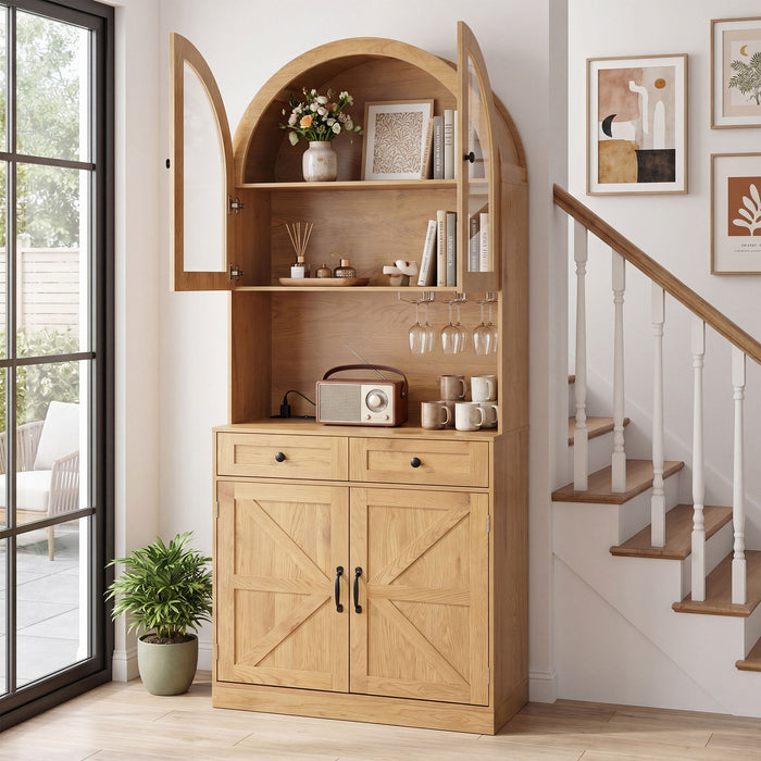 Tall Arched Pantry Cabinet With Charging Station, Adjustable Shelves, Coffee Bar