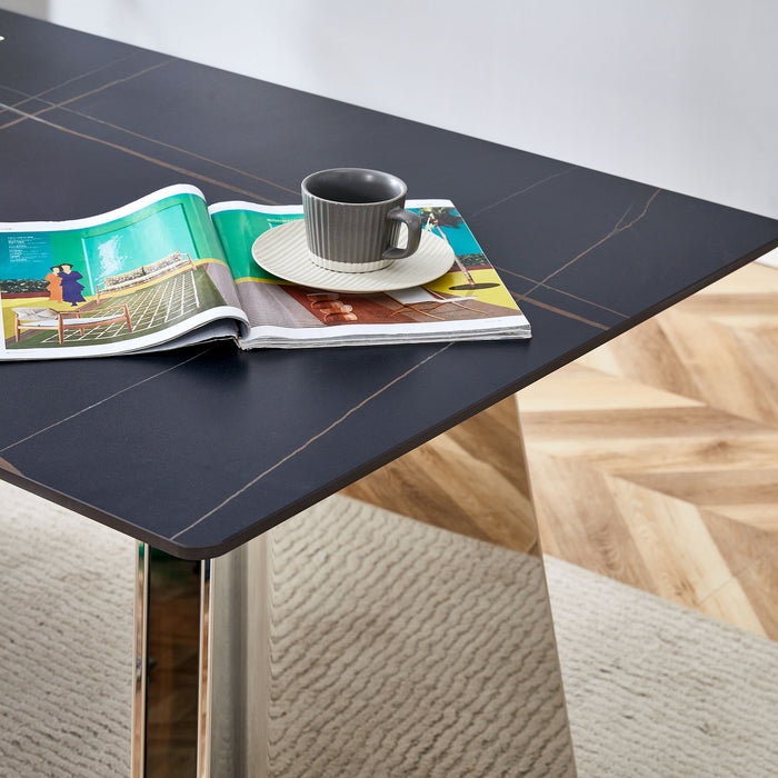 Modern Marble Patterned Dining Table With Stainless Steel Butterfly Legs, Scratch And Heat Resistant - Black / Silver