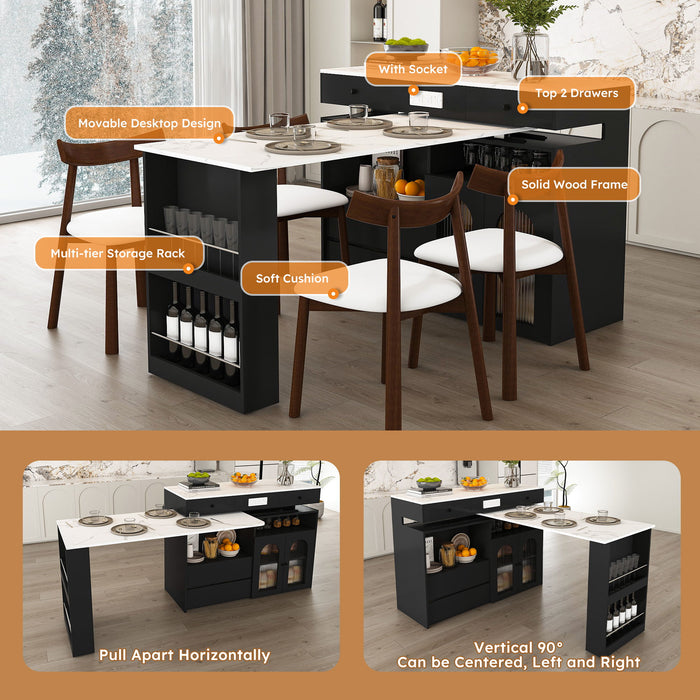 Retro Kitchen Island Set With Chairs, Extendable & Rotating Table, 4 Drawers & Door Cabinets