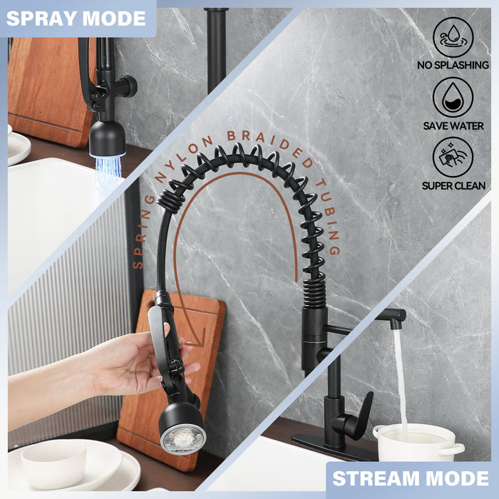 Kitchen Sink Faucet With LED Pull Down Sprayer, Single Handle High Arc Faucet, Dual Spouts, Deck Mount - Matte Black