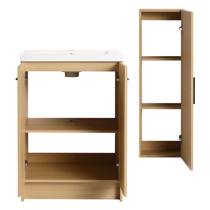 Freestanding Bathroom Vanity Set With Tall Linen Cabinet, Single Sink, Extra Storage, Soft Close Doors - Glossy White / Light Oak