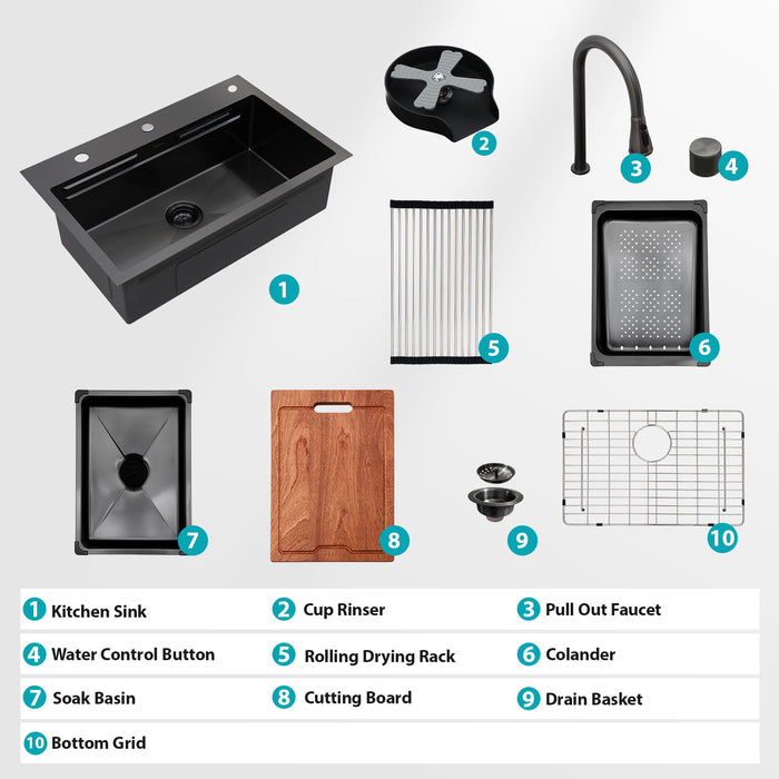 Drop In Waterfall Kitchen Sink With Pull Out Faucet & Cup Washer