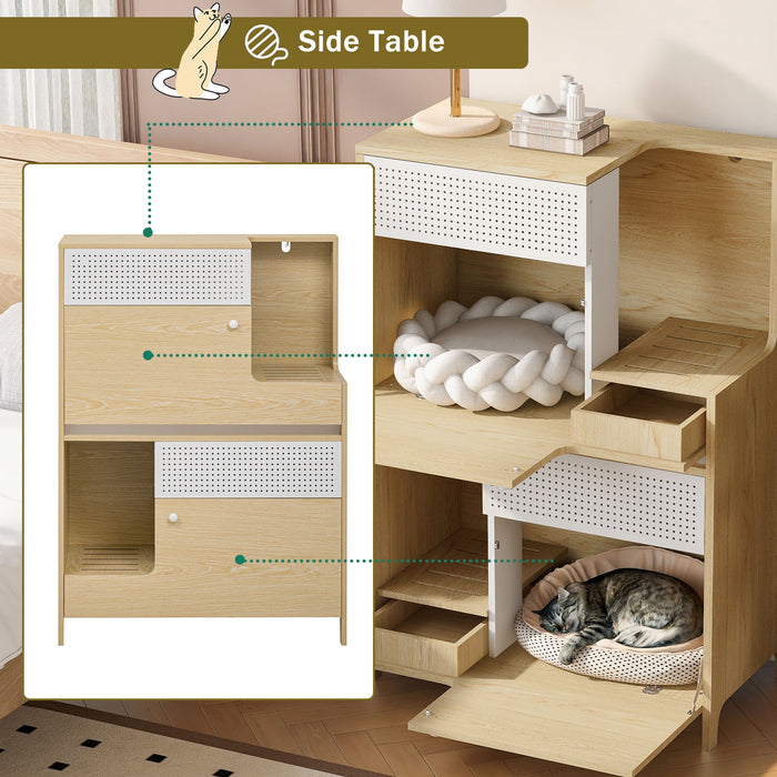Furniture Style Multi Use Natural Cat Litter Box House With Flip Down Door - Natural