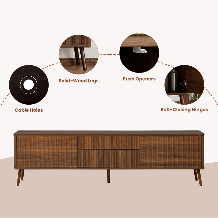 Fluted TV Stand With Storage Drawers And Cabinets For TVs Up To 80", Soft-Close Hinges, Cable Management - Walnut