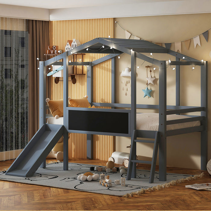 Loft House Bed With Ladder And Slide, With Blackboard And Light Strip On The Roof