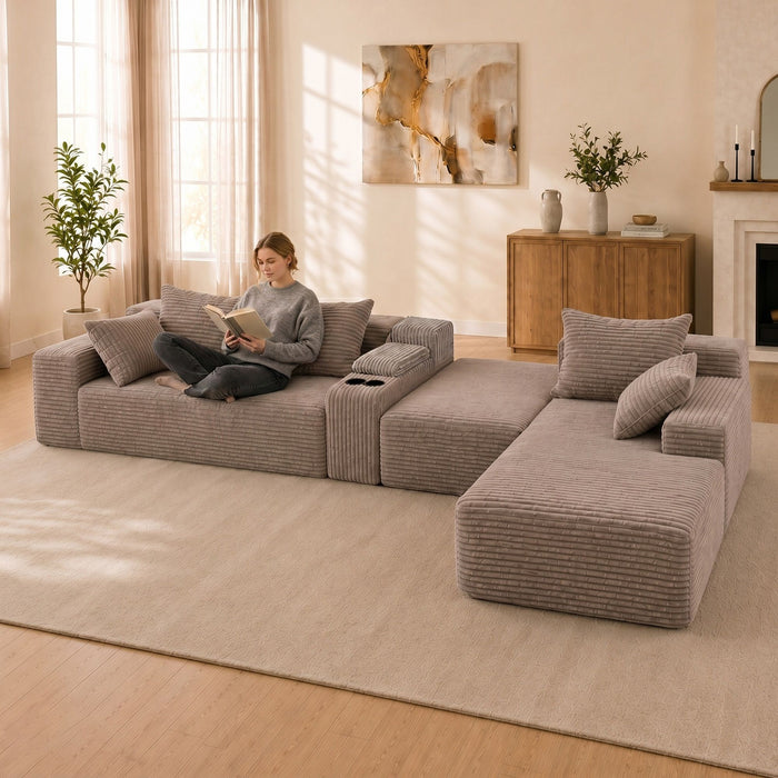 U-Shaped Modular Sofa With Cup Holders And Storage For Living Rooms - Coffee