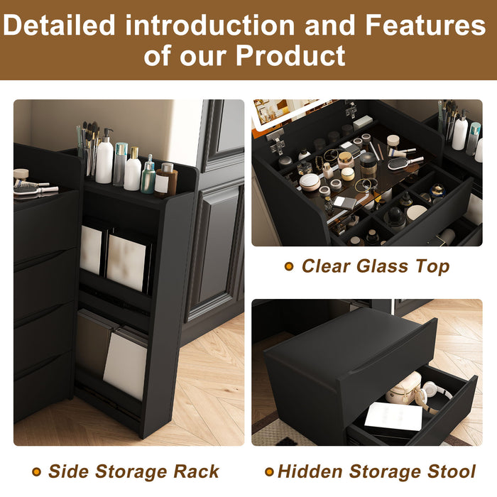 Flip Mirror Vanity Desk With Adjustable LED Lights & Stool For Bedroom