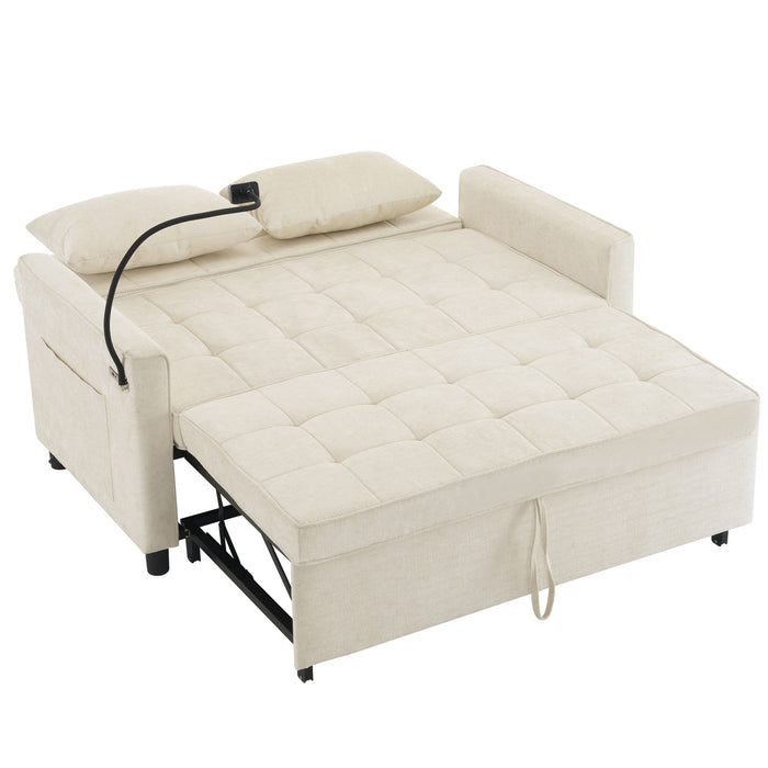 Pull-Out Sleeper Sofa With Reversible Backrest Cushion, Side Pockets, 2 USB Ports And A Phone Holder For Living Room
