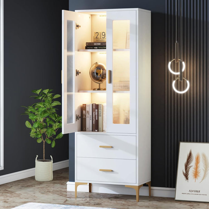 Bookcase With Doors, Drawers & RGB LED Light Tall Storage Cabinet For Living Room - White