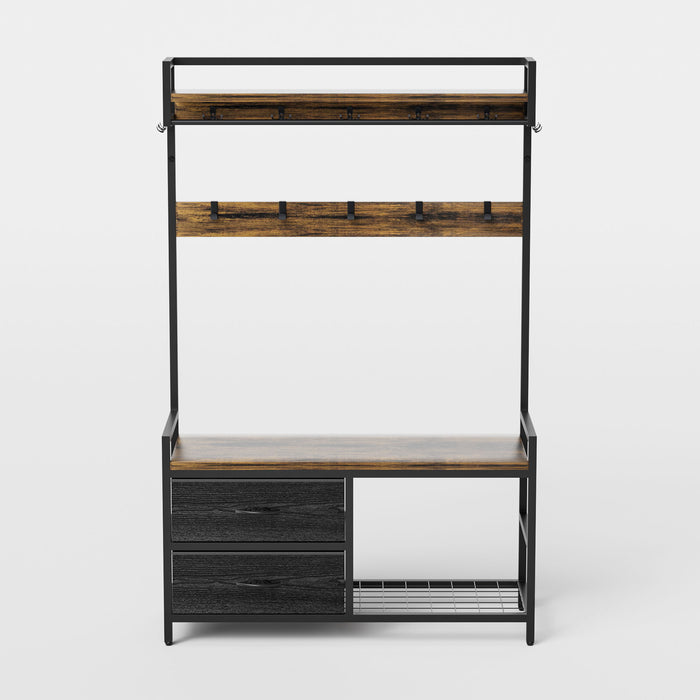 Hall Tree With 2 Movable Drawers, Shoe Storage, Shelves, Garment Racks, And 23 Hooks For Entryway - Rustic Brown