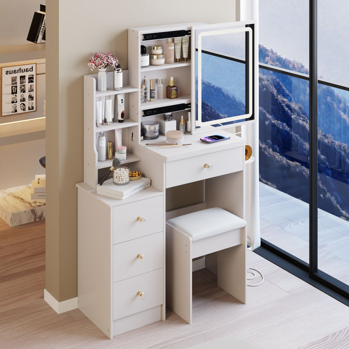 Cabinet Vanity Table & Cushioned Stool, USB Power Station, Hair Dryer Bracket - White
