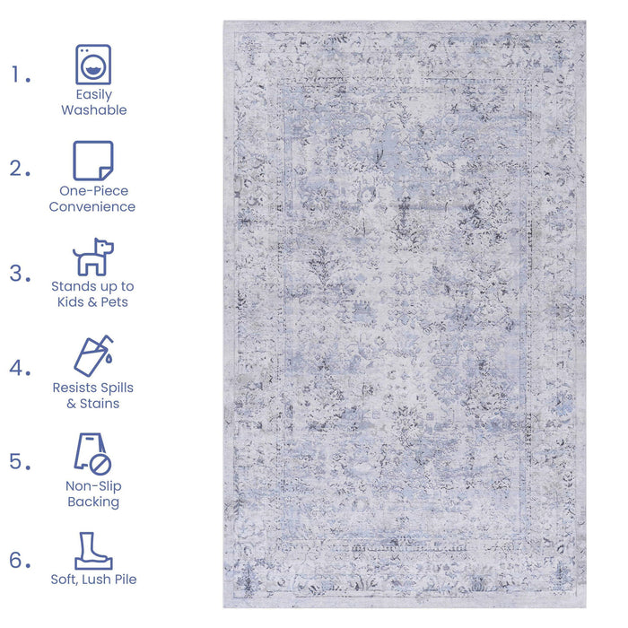 Maval - 2'6'' X 10' Washable Runner Rug - Blue / Cream
