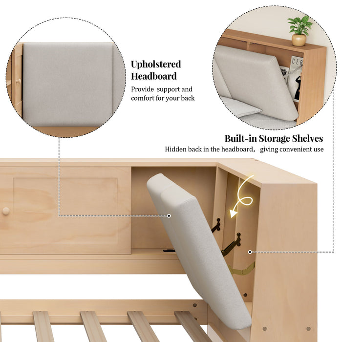Twin L - Shaped Daybed With Storage Bookcase, Upholstered Headboard, USB Charging Ports & Hidden Drawers - Natural
