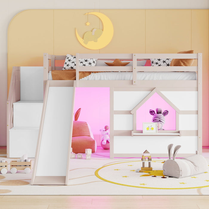 Loft Bed With Storage Stairs, Slide, Playhouse Window And 7 Colors LED Lights