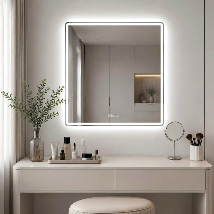 36 X 36 LED Bathroom Mirror With Dimmable Frosted Light Band, 3 Color Temperatures, Anti Fog, Memory & Auto Off - Silver