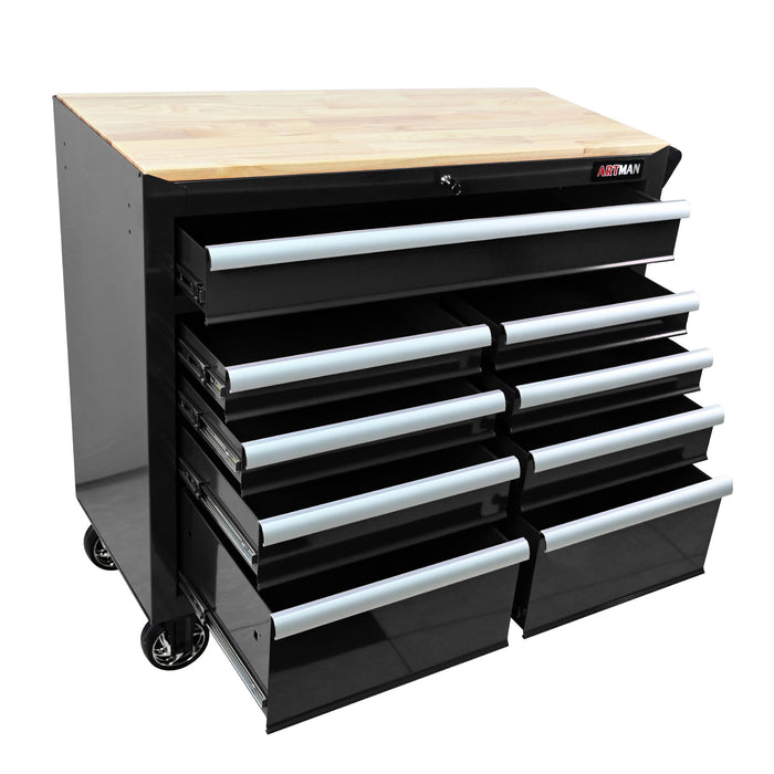 9 Drawer Multifunctional Steel Tool Cart With Wheels And Wooden Top