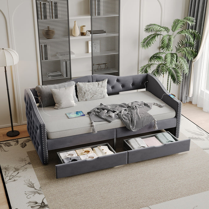 Full Size Bed Frame, Upholstered Cloud Bed Frame With Headboard, 2 Storage Drawers And 2 USB Charging Design, No Box Spring Needed - Gray
