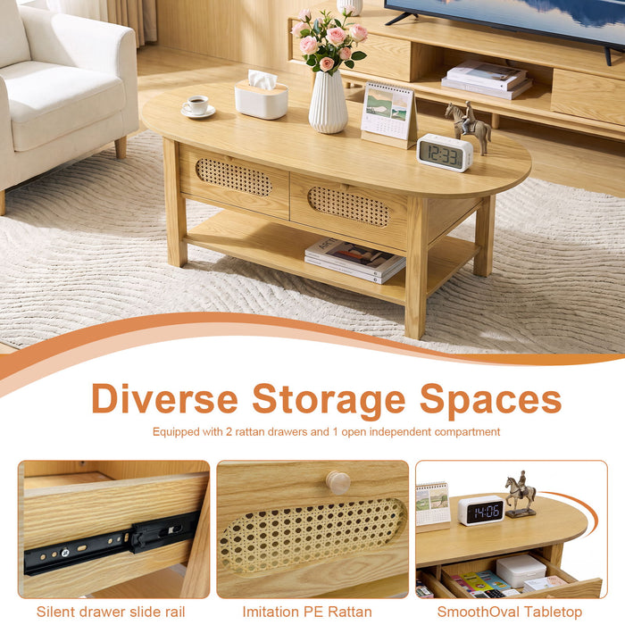 Oval Coffee Table With With 2 Storage Drawers For Living Rooms - Wood